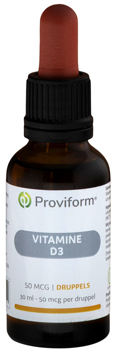 Proviform Vitamine D3 50mcg drops in a 30ml bottle, natural supplement for vitamin D intake, front view of the product bottle.