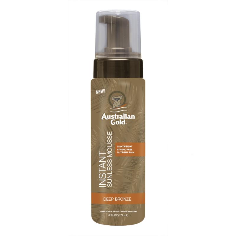 Australian Gold Instant Sunless Mousse Zonnen in 177ml bottle, smooth application for natural-looking tan, no sun required.