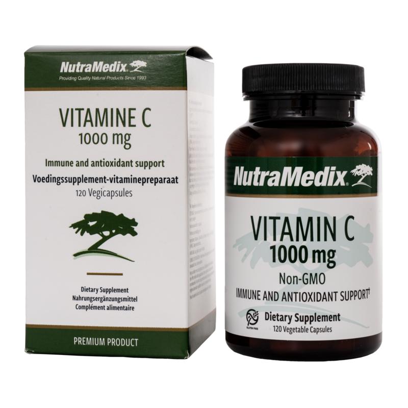 Nutramedix Vitamin C 1000 mg non-GMO capsules, showing a bottle with 120 vitamin C dietary supplement capsules.