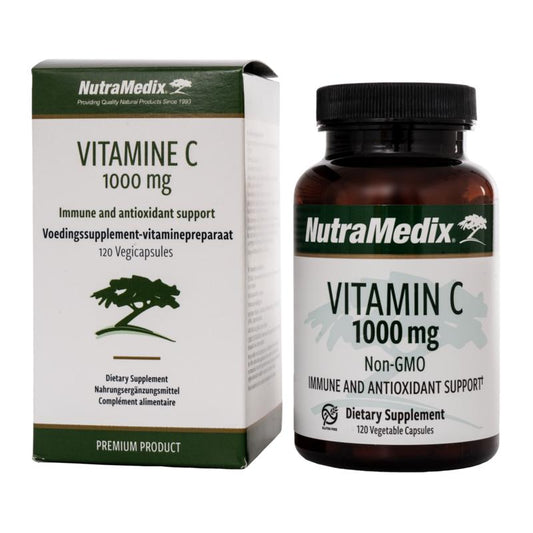 Nutramedix Vitamin C 1000 mg non-GMO capsules, showing a bottle with 120 vitamin C dietary supplement capsules.