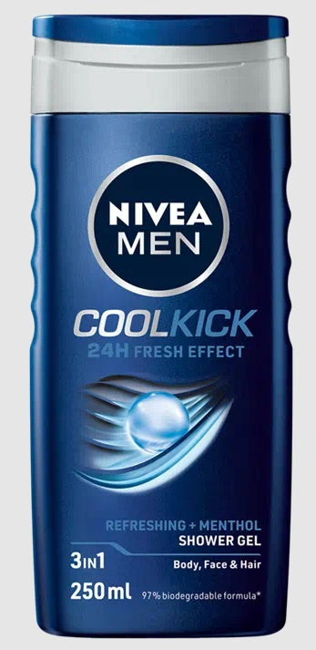 Nivea Men Cool Kick douchegel in 250ml bottle, showing the blue and white packaging on a bathroom surface.