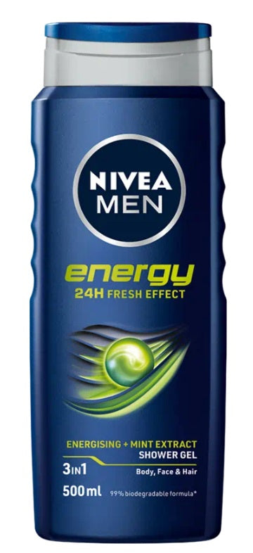 Nivea Men Energy Douchegel in 500ml bottle, shower gel for men with invigorating scent and cleansing properties.