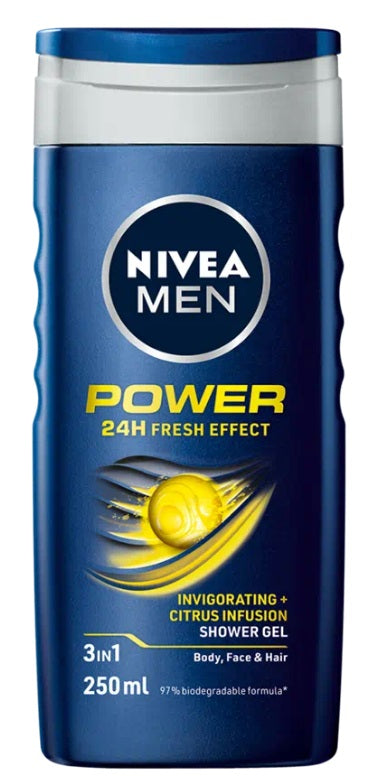 Nivea Men Power Refresh shower gel bottle with blue and white packaging, 250ml size, for revitalizing men's body wash.