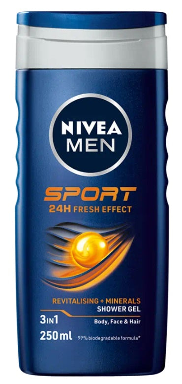 Nivea Men Sport douchegel 250ml bottle with blue and white labeling, designed for refreshing body cleansing.