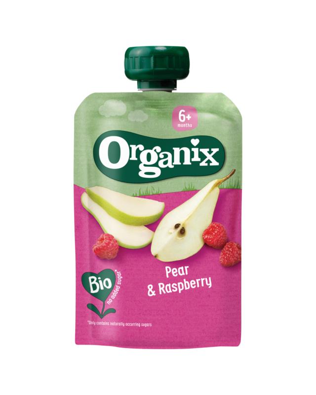 Organic baby food pouch with pear and raspberry flavor from Organix, suitable for 6 months and older, 100 grams.