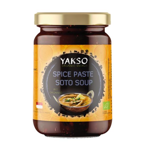 Yakso Spice Paste Soto Soup, bio soto seitan flavor, in a 100g jar, showing the vibrant spice blend and packaging.