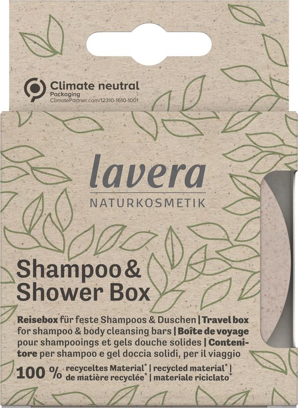Lavera shampoo and shower box travel set with one empty container for hair and body care, compact and lightweight for travel use