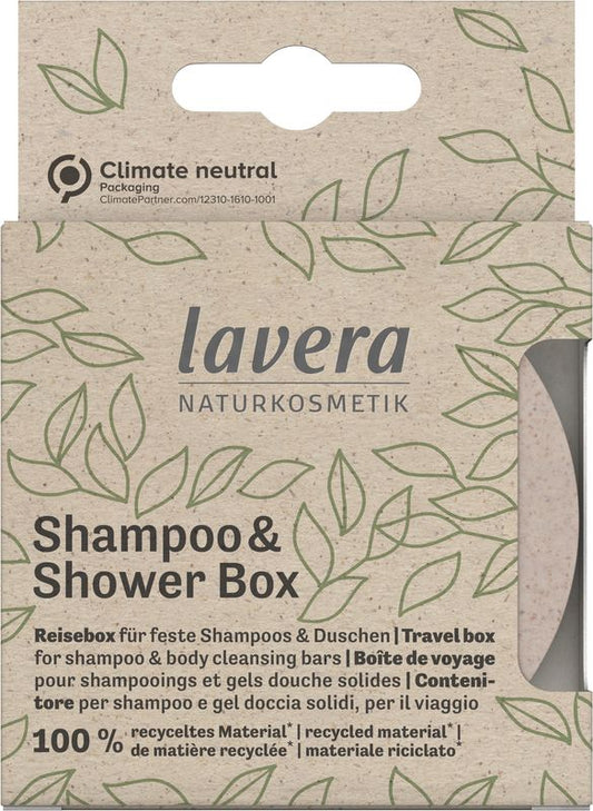 Lavera shampoo and shower box travel set with one empty container for hair and body care, compact and lightweight for travel use