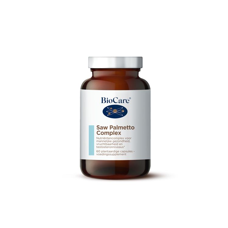 BioCare Saw Palmetto Complex vegetarian capsules, herbal supplement in a white bottle with green label and capsule capsules.