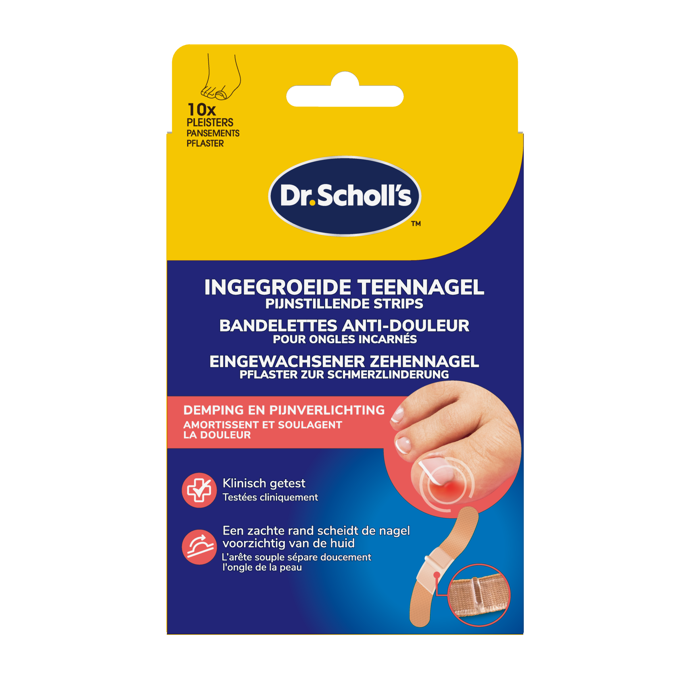 Dr. Scholl's ingrown toenail pain relief strips on a foot, designed to reduce discomfort and promote healing.