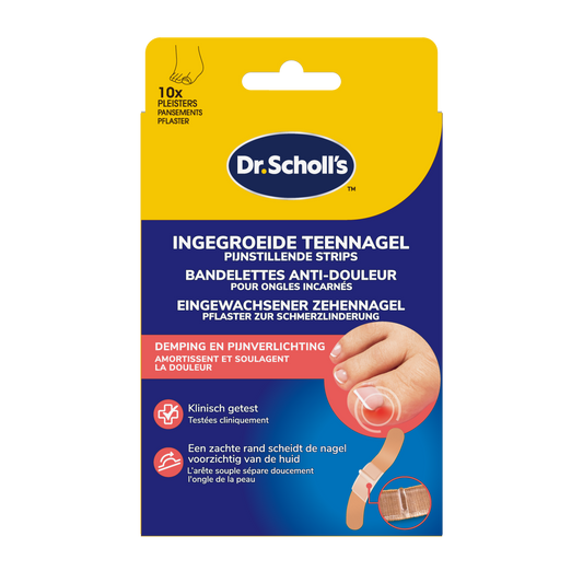 Dr. Scholl's ingrown toenail pain relief strips on a foot, designed to reduce discomfort and promote healing.