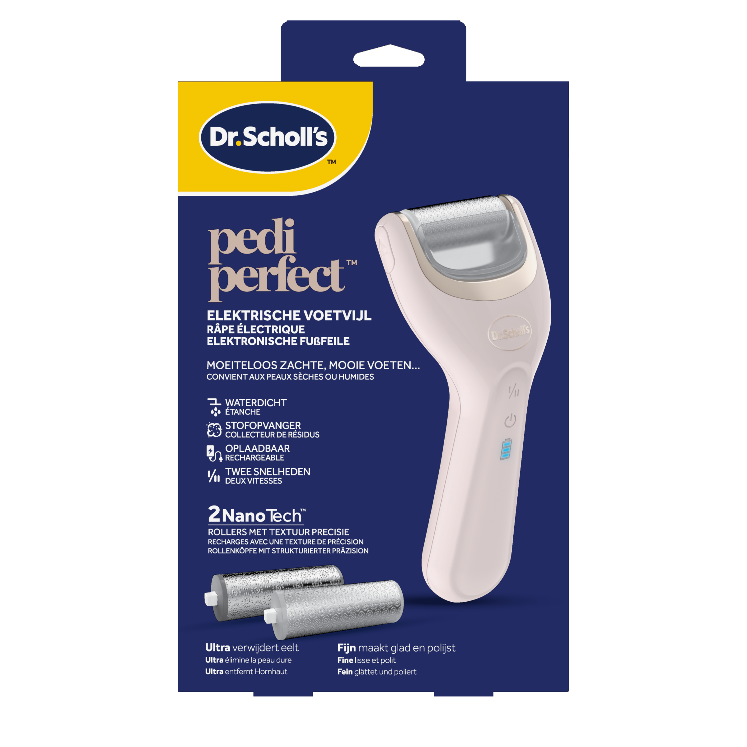 Dr. Scholl's Pedi Perfect elektrische voetvijl with Nano Tech, a handheld foot care device for smooth, polished feet.
