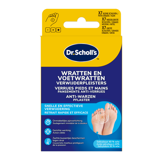 Dr. Scholl's Wratten en voetwratten verwijderpleisters, 21 stuks, for effective foot wart removal and foot care.