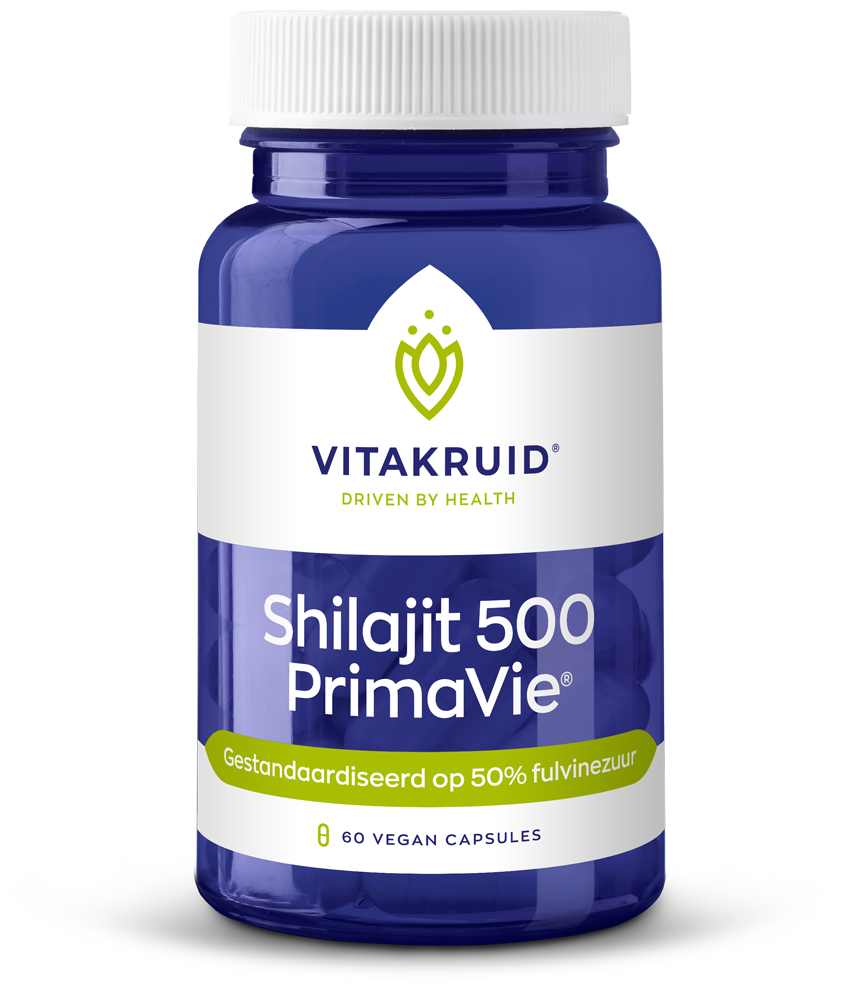 Vegetarische capsules van Vitakruid Shilajit 500mg PrimaVie met 50% fulvinezuur, kruidenpreparaat in duurzame verpakking