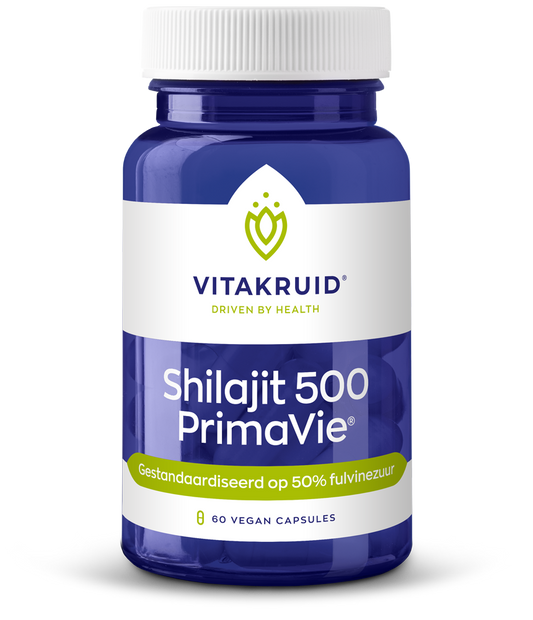 Vegetarische capsules van Vitakruid Shilajit 500mg PrimaVie met 50% fulvinezuur, kruidenpreparaat in duurzame verpakking
