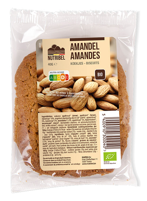 Nutribel organic spelt almond cookies in a 40g package, showing golden-brown almond spelt biscuits on a white background.