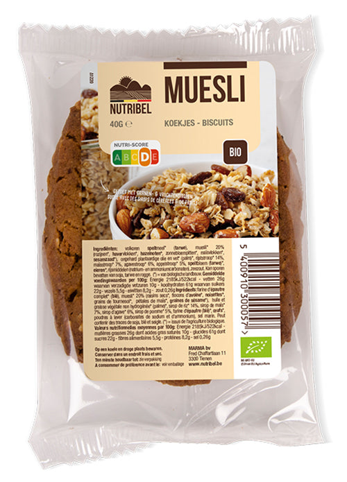 Nutribel Bio Spel muesli koek, 40g, showing crunchy, golden-brown cereal cookies with grains and nuts in a natural setting.