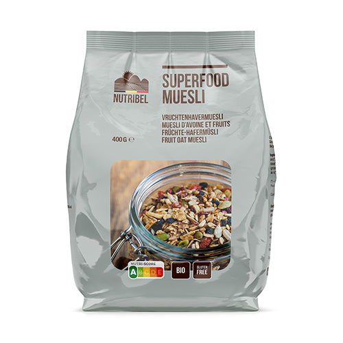 Nutribel gluten-free organic superfood muesli in a 400g package, featuring oats, seeds, and dried fruits for a healthy breakfast.