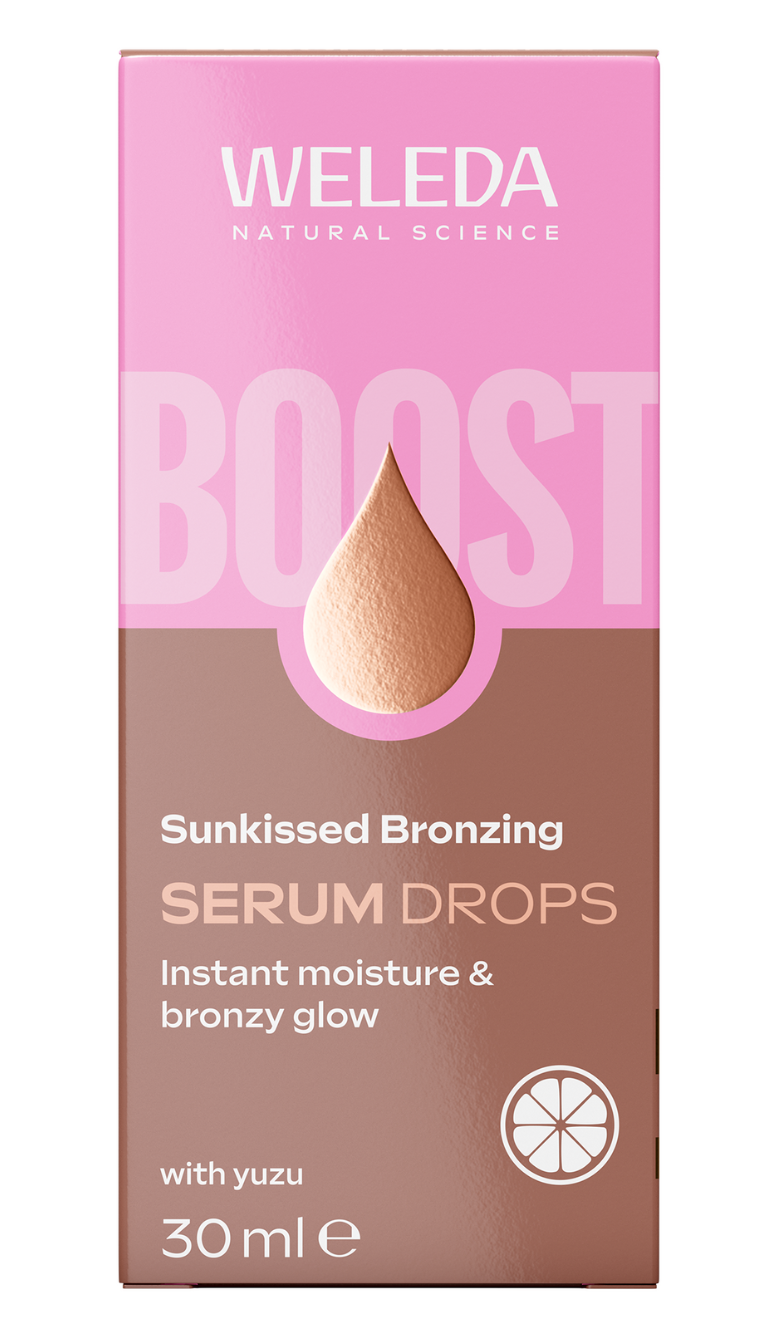 Weleda Bronzing Boost Serum drops in a 30ml bottle, featuring natural tanning serum with a sun-kissed glow effect.