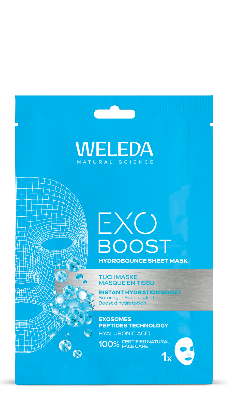 Weleda Exo Boost Hydrobounce sheet mask for face, 20ml, hydrating facial skincare in a sleek packaging.