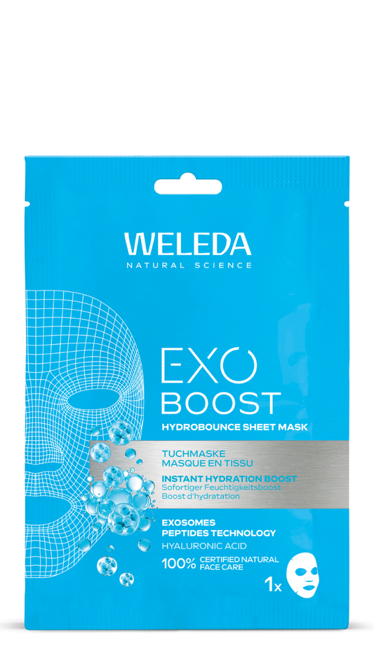 Weleda Exo Boost Hydrobounce sheet mask for face, 20ml, hydrating facial skincare in a sleek packaging.