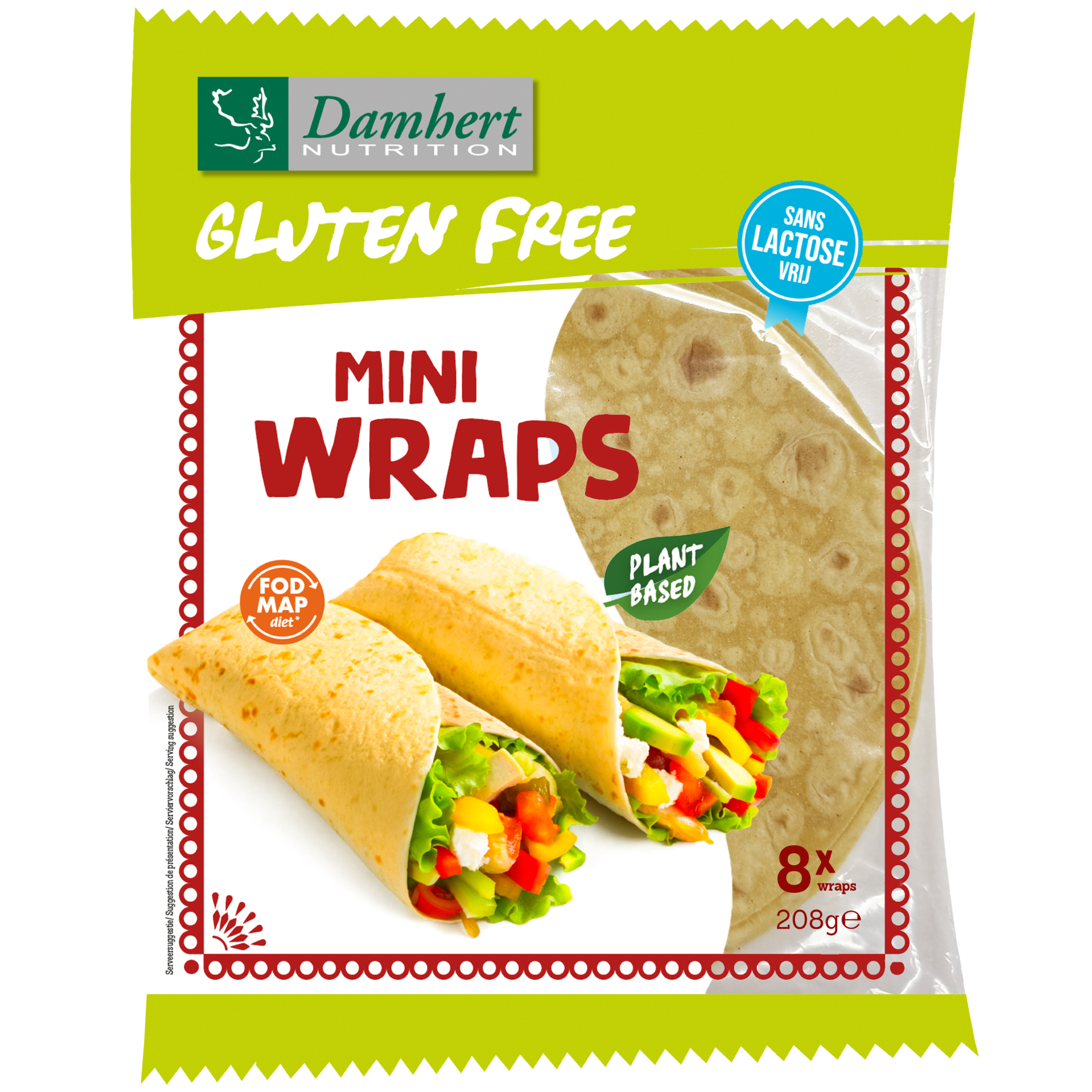 Damhert Mini wraps glutenvrij, 8 pieces, gluten-free pizza and wraps in a close-up image showing soft, round wraps stacked together.