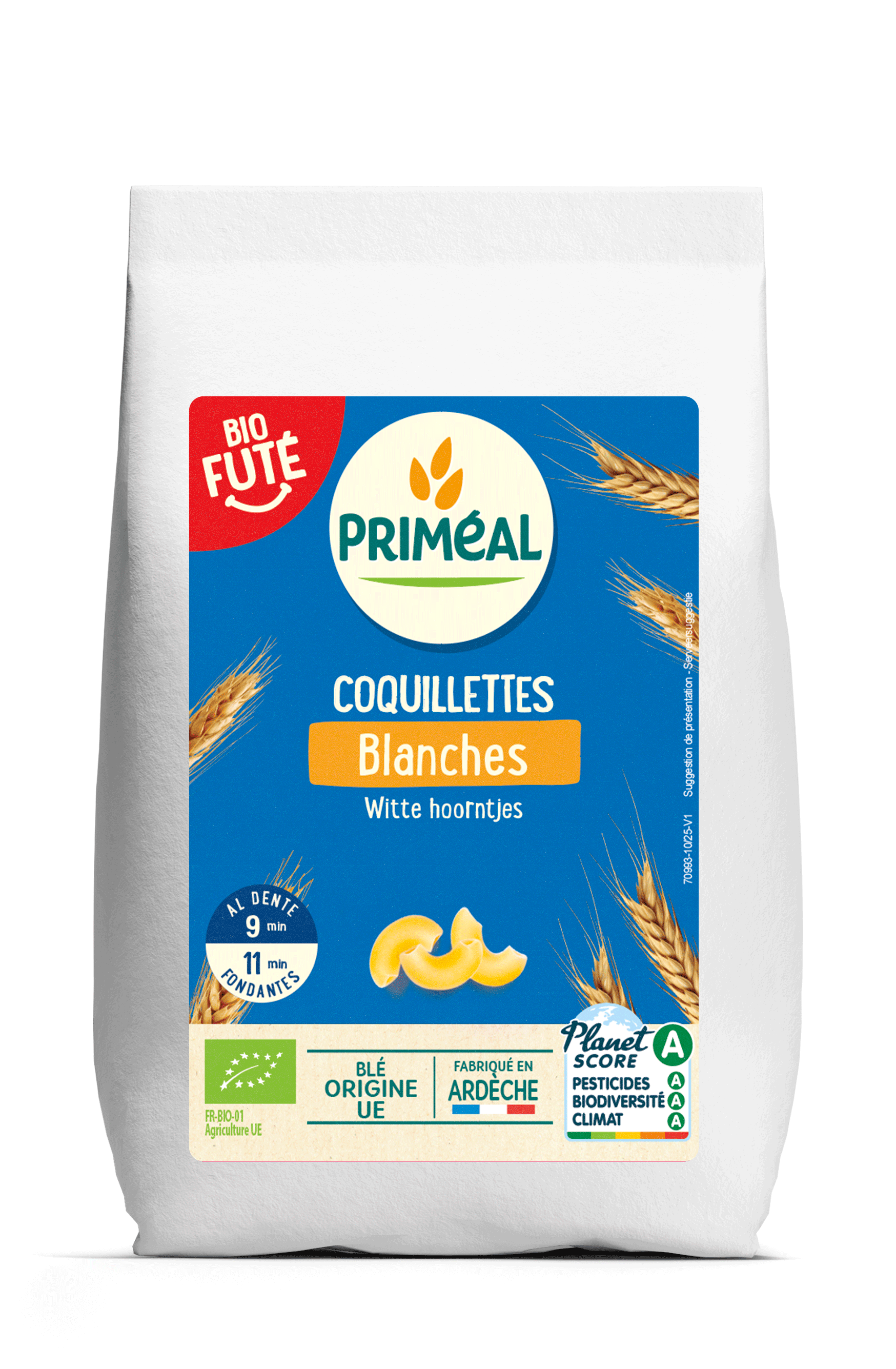 Primeal Witte macaroni elleboogjes bio pasta in 1000g package, showcasing short, curved pasta shapes on a plain background.