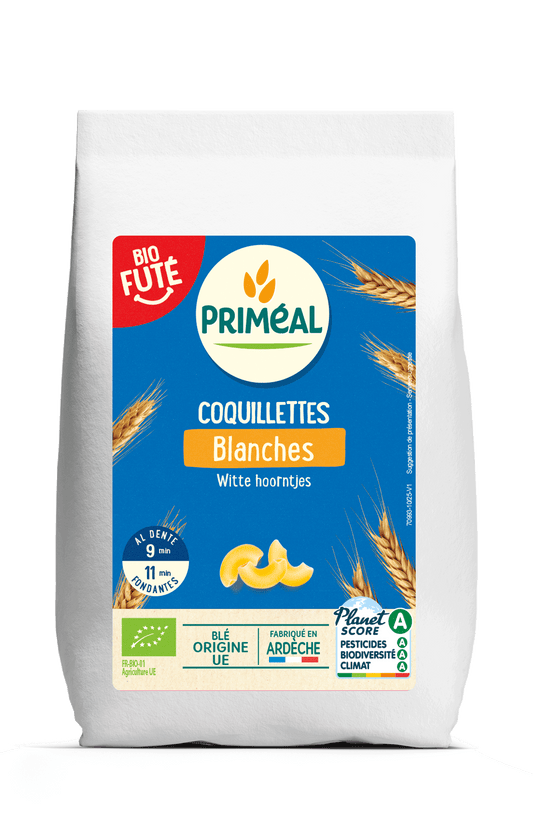 Primeal Witte macaroni elleboogjes bio pasta in 1000g package, showcasing short, curved pasta shapes on a plain background.