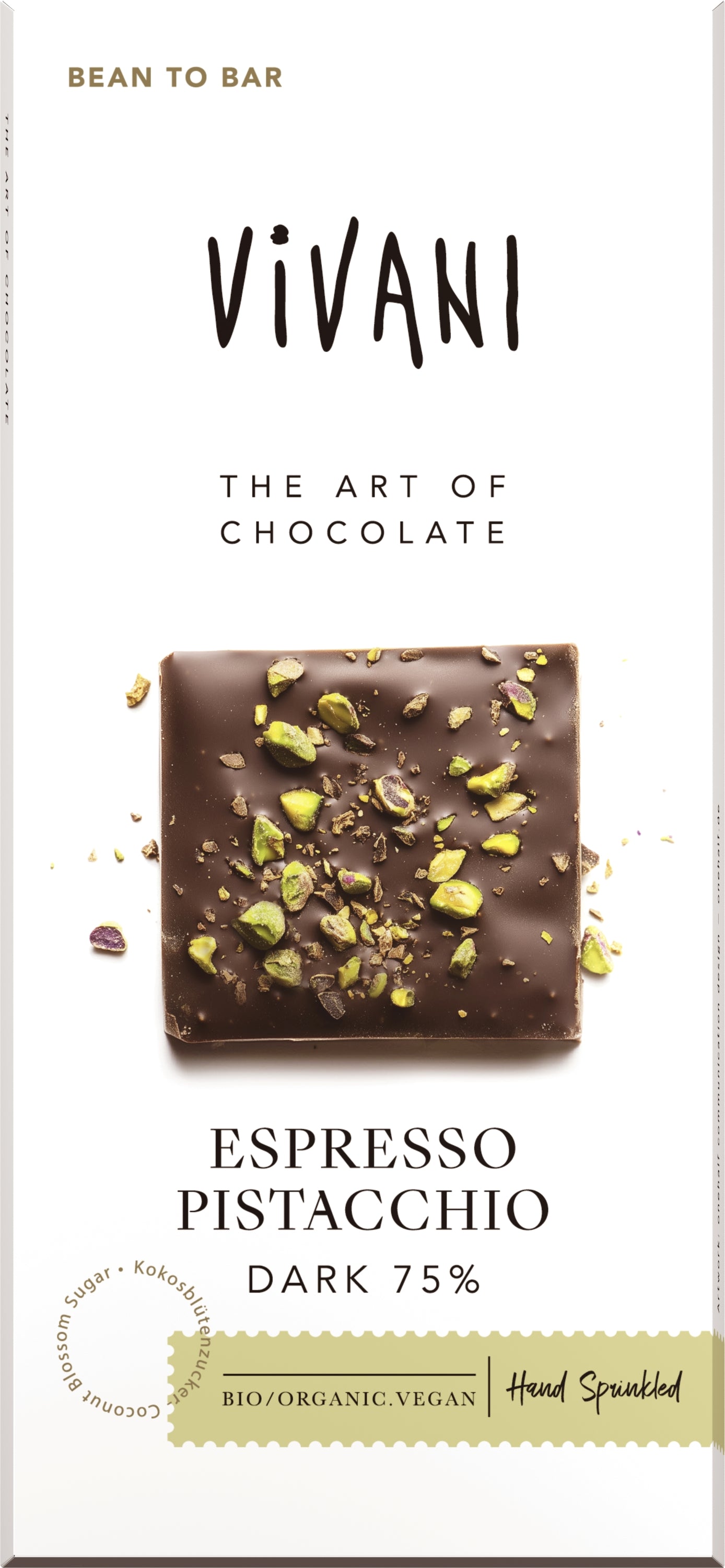 Vivani dark chocolate bar with 75% cocoa, espresso and pistachio, 80g, shown with textured chocolate pieces and pistachios.