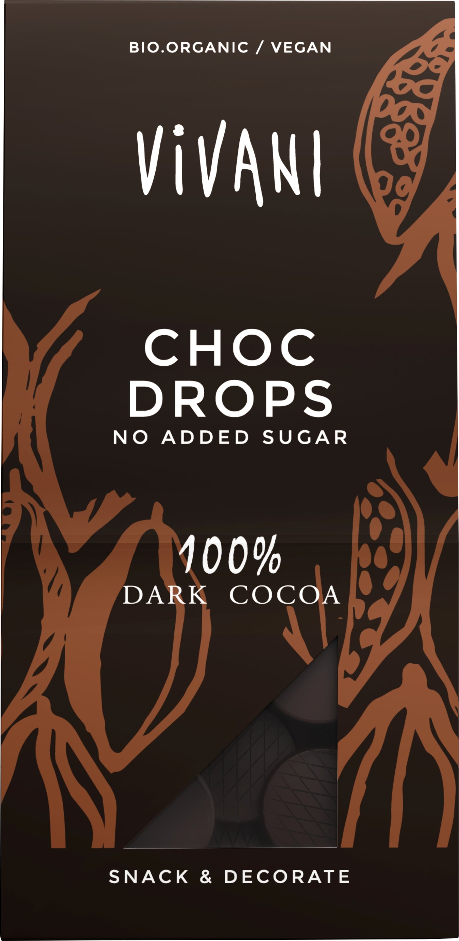 Vivani 100% dark cocoa chocolate drops in a 100g package, natural bio chocolate with rich dark cocoa flavor.