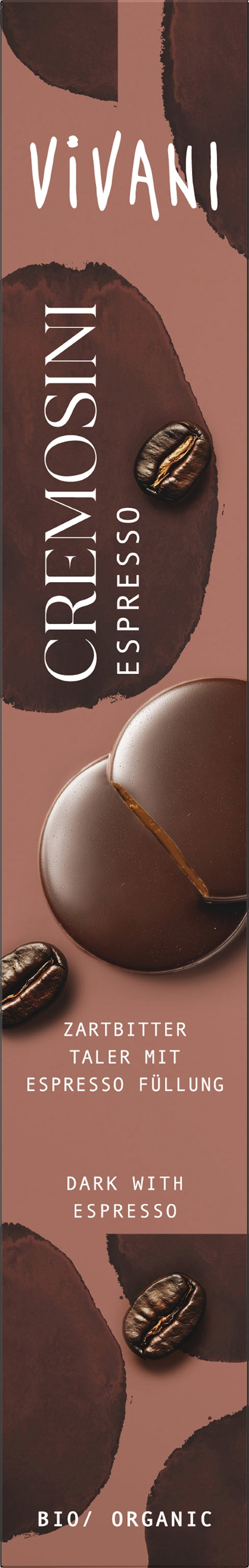 Vivani Cremosini organic espresso chocolate bar, 100g, with rich, creamy texture and dark chocolate appearance.