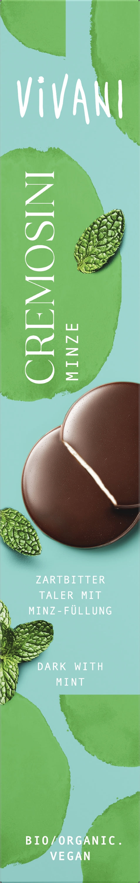 Vivani Cremosini mint organic chocolate bar, 100g, featuring creamy mint filling and smooth chocolate coating.