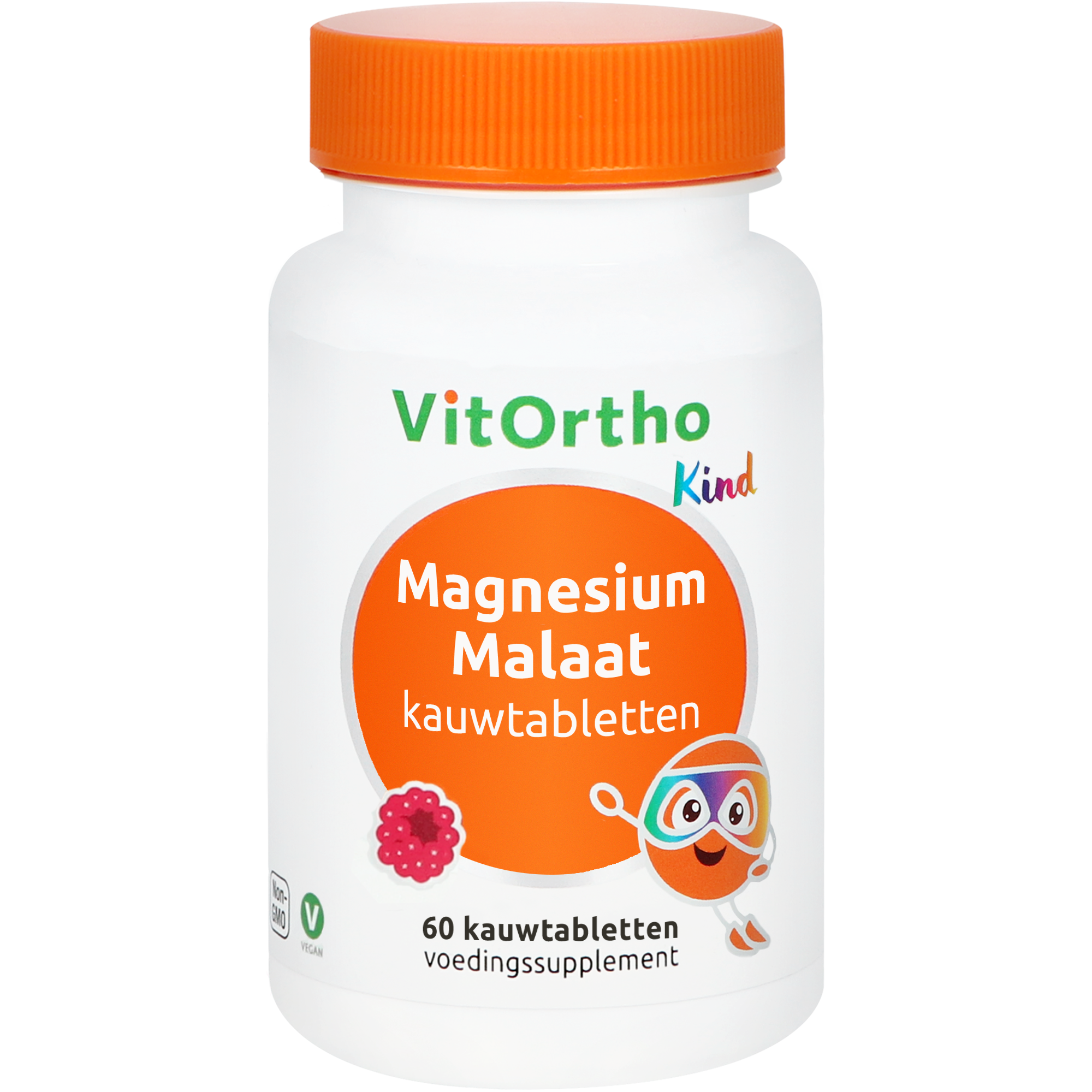 VitOrtho Magnesium Malate chewable tablets in a white bottle, showing round, light-colored mineral supplement tablets.