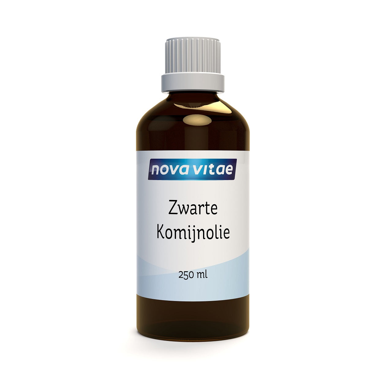 Black cumin oil bottle from Nova Vitae, 250ml, a herbal supplement and cooking ingredient in a dark glass bottle.
