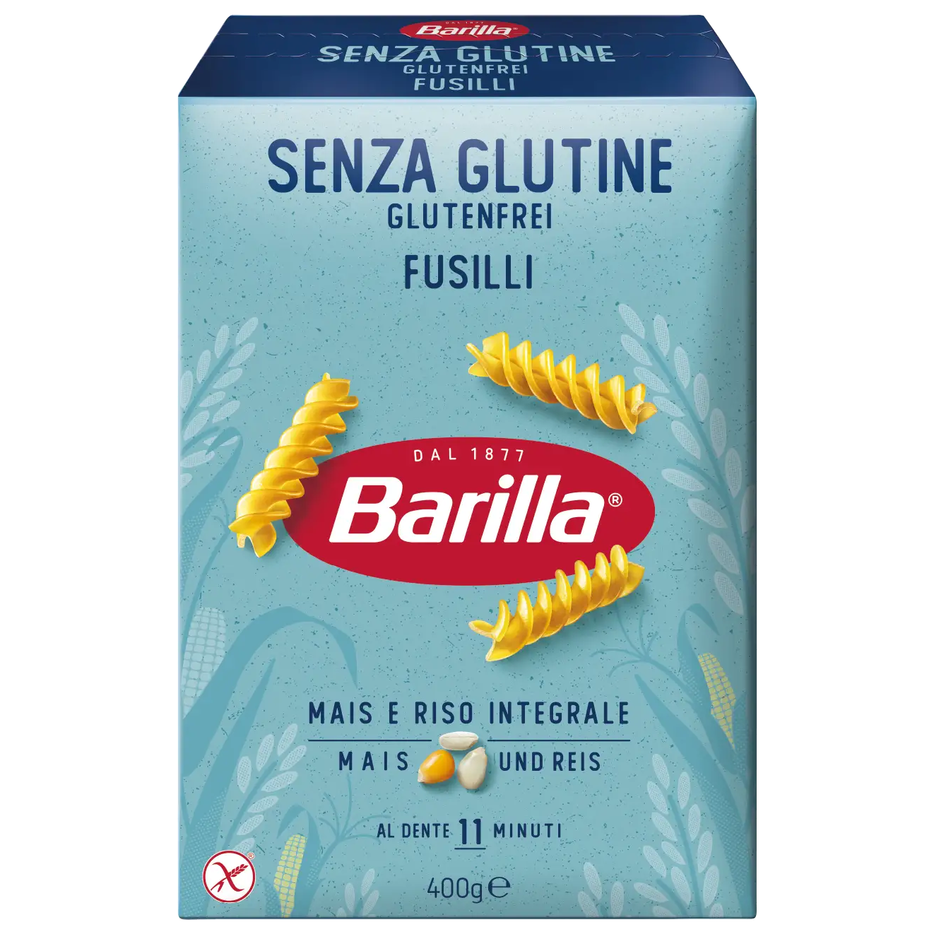 Gluten-free Barilla Fusilli pasta 400g, made from pasta and rice, shown in a clear image with the spiral-shaped noodles.