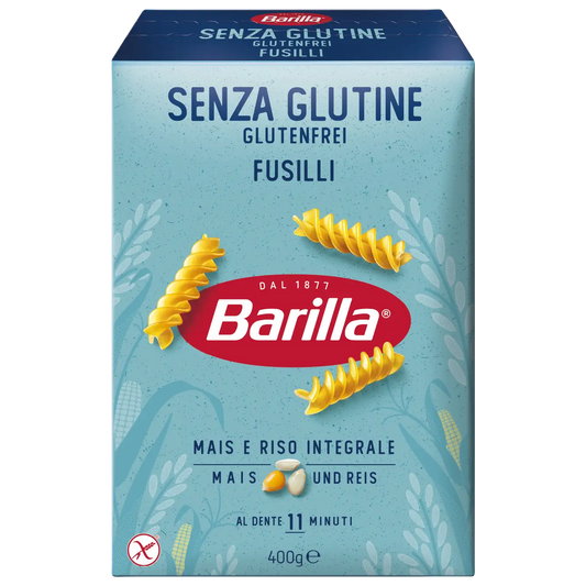 Gluten-free Barilla Fusilli pasta 400g, made from pasta and rice, shown in a clear image with the spiral-shaped noodles.