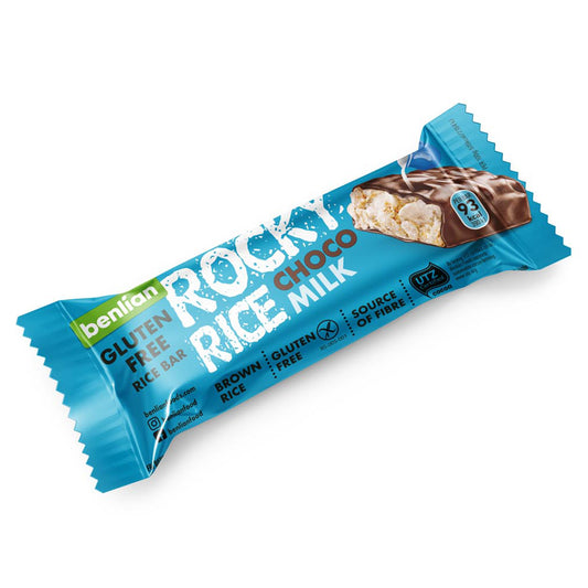 Benlian Rocky rice choco milk bar, gluten-free chocolate bar with rice, 18 grams, showing the packaging and chocolate piece.