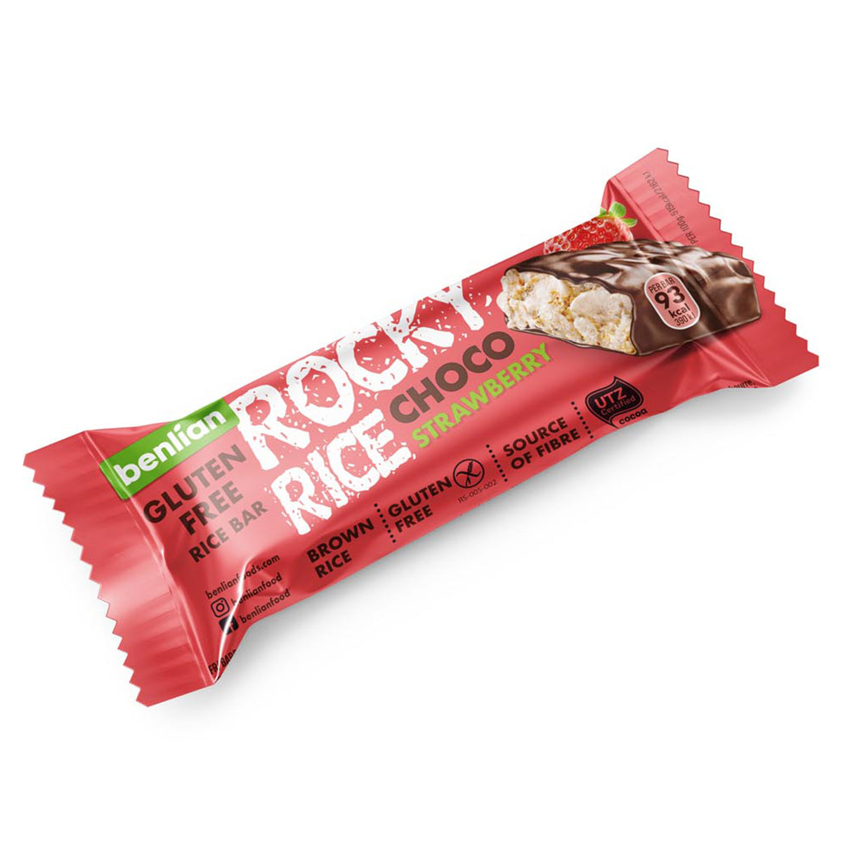 Benlian Rocky rice chocolate with strawberry flavor, gluten-free, 18 grams, showcasing the chocolate piece with strawberry accents.