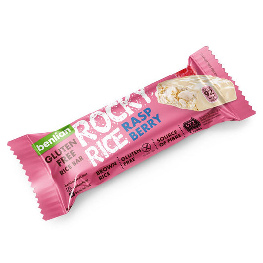 Benlian Rocky rice raspberry chocolate bar, gluten-free, 18 grams, with chocolate coating and raspberry filling.