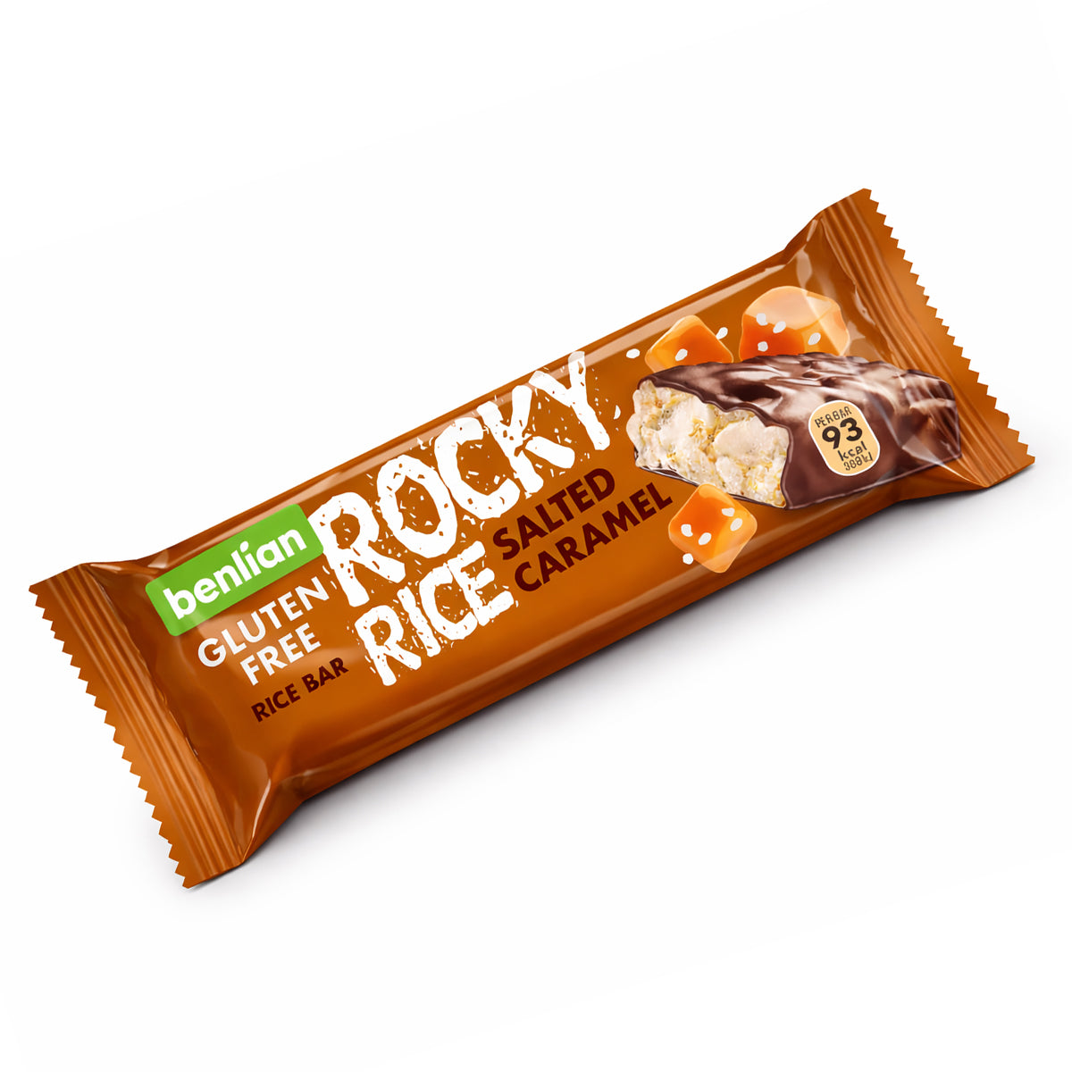 Benlian Rocky rice salted caramel chocolate bar, gluten-free, 18g, with visible caramel filling and chocolate coating.