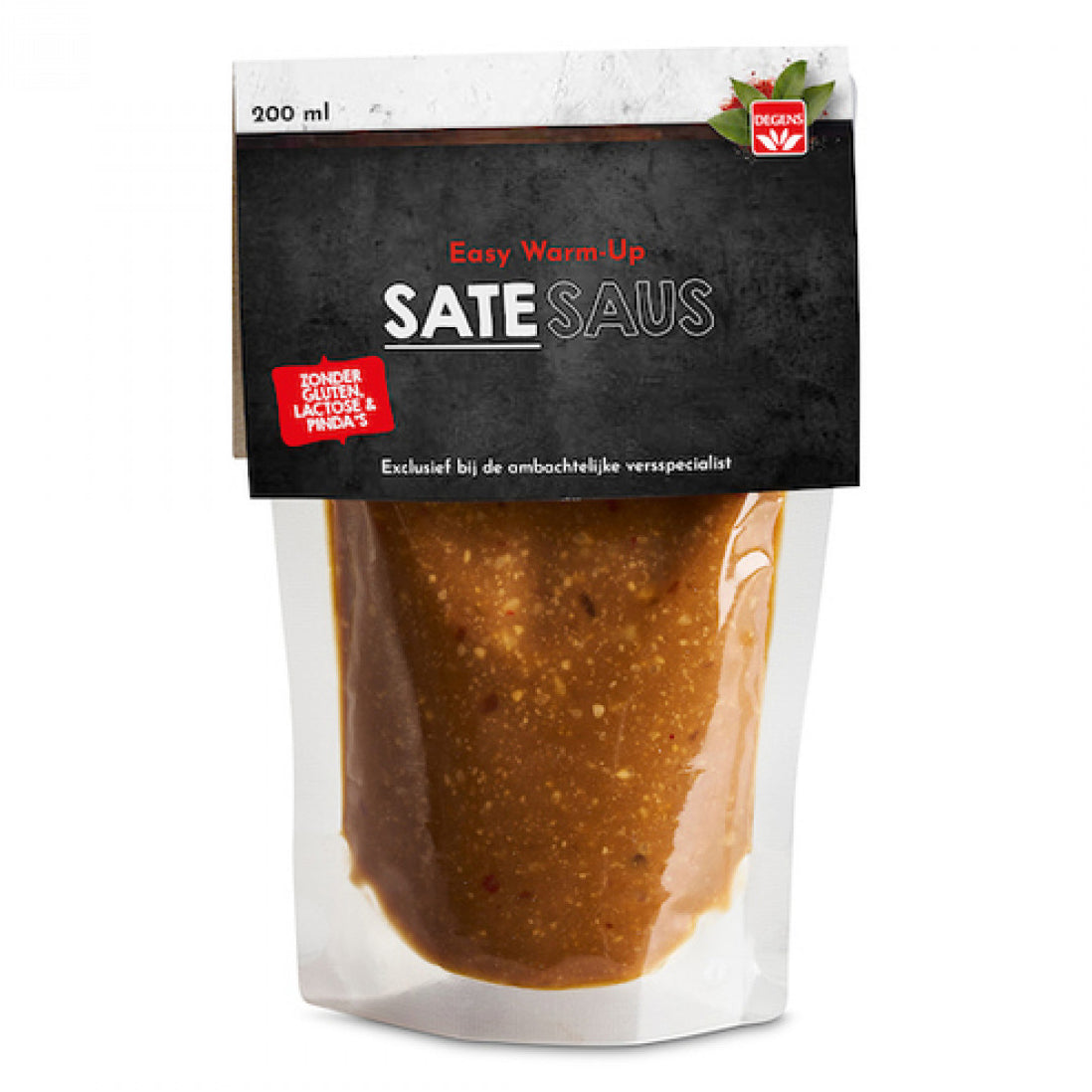 Degens Satesaus pindavrij lactosevrij glutenvrij in 200ml bottle, creamy Indonesian-style peanut sauce, sauce and flavoring product