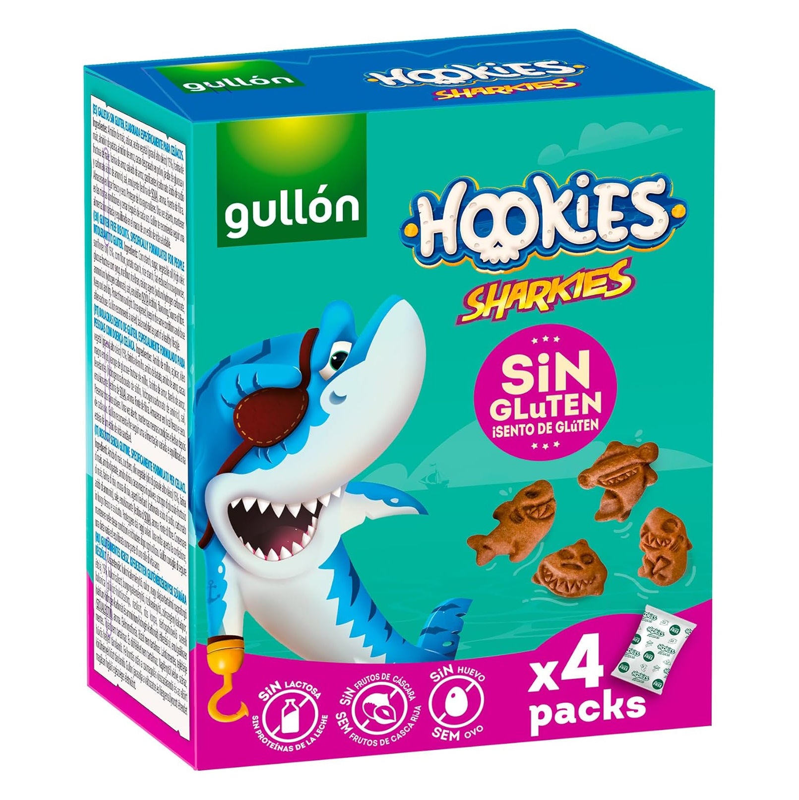 Gullon Sharkies gluten-free cookies 4-pack with shark-shaped biscuits on a white plate.