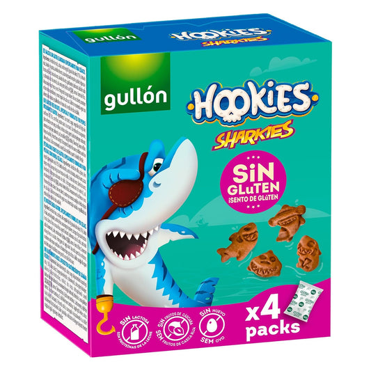 Gullon Sharkies gluten-free cookies 4-pack with shark-shaped biscuits on a white plate.