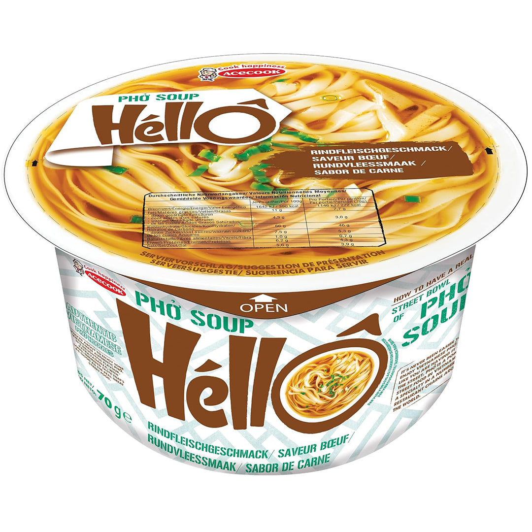 Hello Pho instant rundvleessmaak pho soep in 70g package, gluten-free, with steaming bowl of flavorful Vietnamese-style broth.
