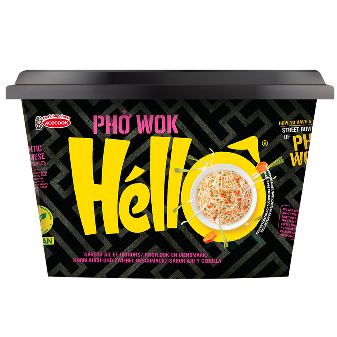 Hello Pho gluten-free instant pho wok noodles with garlic and onion, 76g, in a clear package showing the noodles and ingredients.