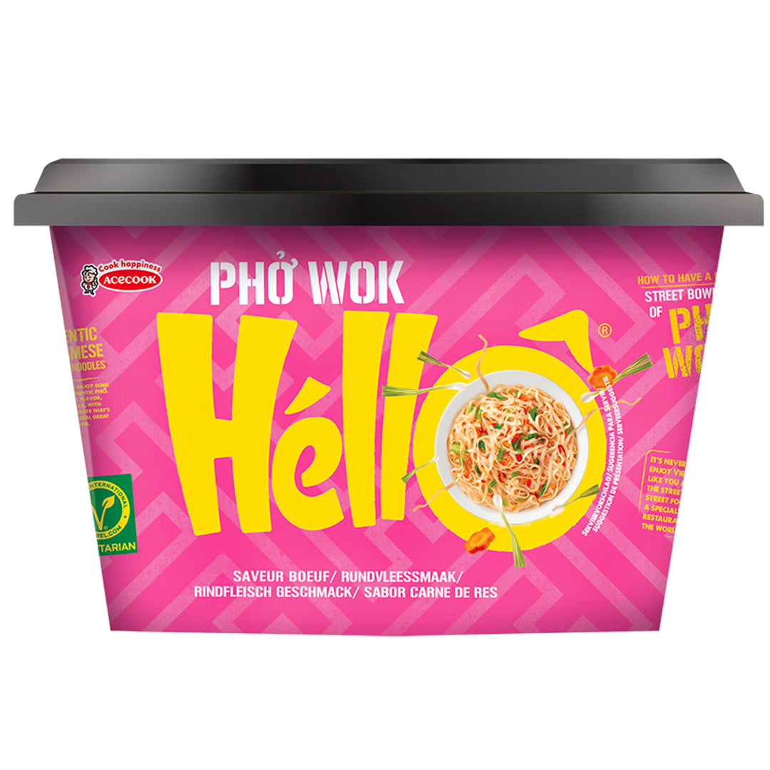 Hello Pho instant pho wok with beef flavor, gluten-free pasta and rice product, 76 grams, ready for quick Asian-style meals.