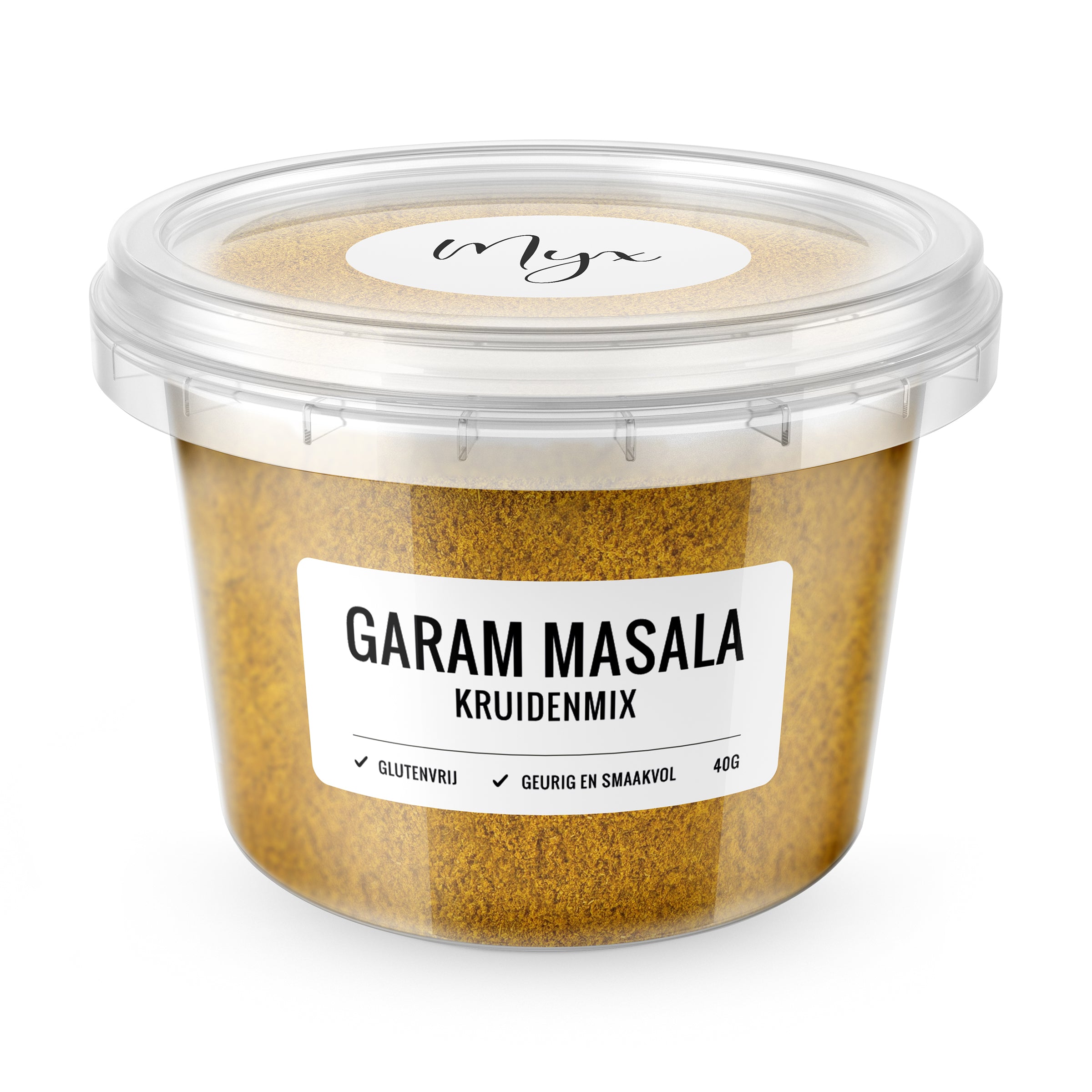 Myx Garam Masala kruidenmix in 40g gluten-free spice blend, featuring a blend of aromatic spices for cooking.