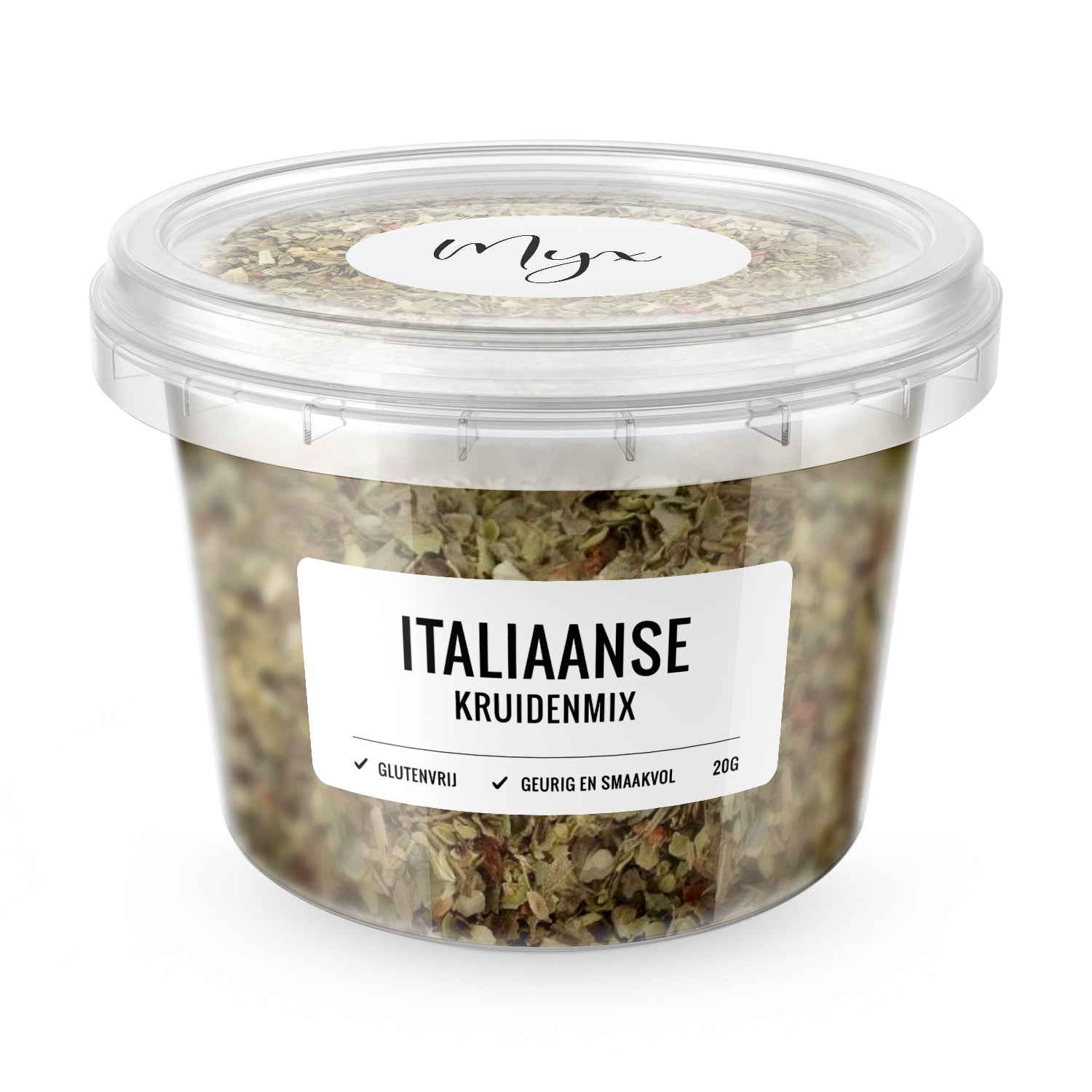 Myx Italiaanse kruidenmix glutenvrij in 20g packet, herbal seasoning with herbs, salts, and meal mix ingredients.