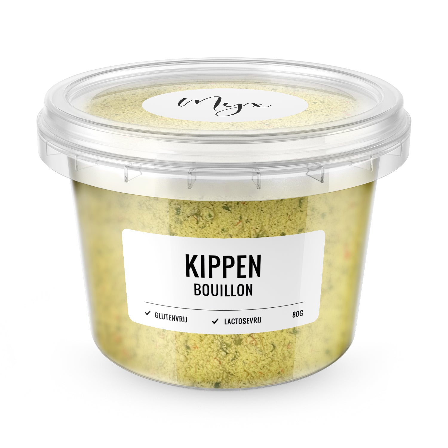 Myx Kippenbouillon glutenvrij 80g, herbal and salt seasoning mix, in a small jar with label, ideal for flavorful chicken dishes.