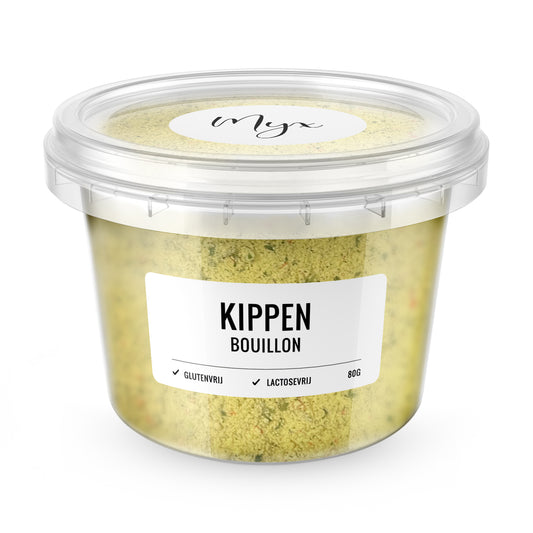 Myx Kippenbouillon glutenvrij 80g, herbal and salt seasoning mix, in a small jar with label, ideal for flavorful chicken dishes.